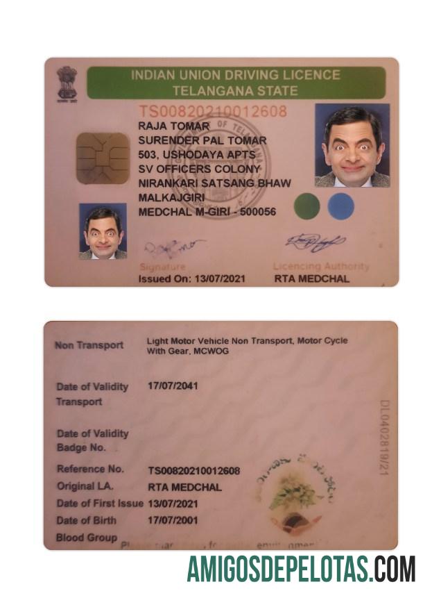 Carta de condução do estado de Telangana na Índia amostra